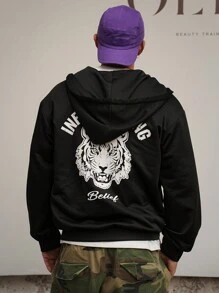 DAZY Sudadera con capucha negra con gráfico de tigre y letra para hombre, primavera