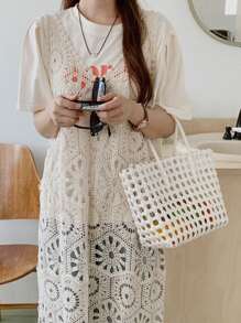 DAZY 女士蕾丝中长款背心式长款罩衫假日花朵夏季度假海滩 - 杏色 - 查看 5