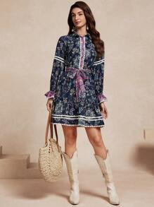 Almamuse Vestido ajustado de manga larga con estampado floral y volantes en el dobladillo para mujer - Azul - Ver 5