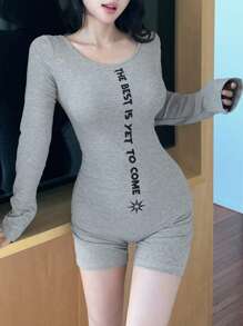 DAZY Sexy Short Long Sleeve Fitted Women Jumpsuit Sleepwear Pajama - Grey - View 4