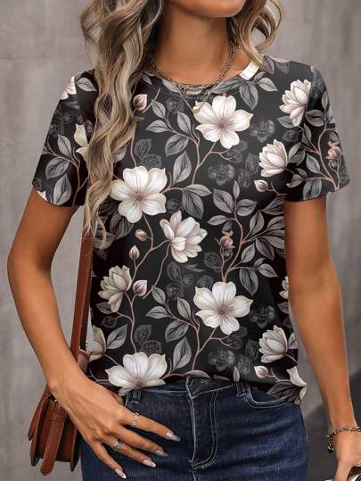 INAWLY Floral Full Print Round Neck Short Sleeve Casual & Comfortable Women T-Shirt