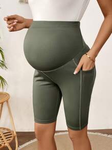 SHEIN Solid Color Casual Maternity Leggings, Simple & Fashionable For Everyday Wear - Army Green - View 3