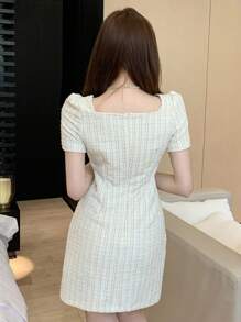 DAZY Square Neck Textured Button Decor Women Short Dress