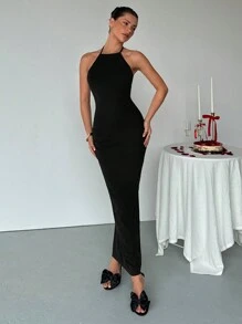 Aloruh 女士优雅性感露背蝴蝶结装饰领带生日紧身连衣裙
