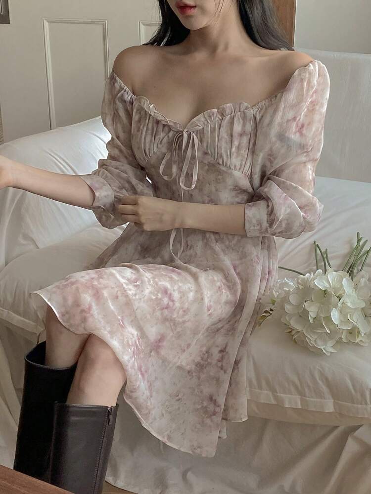 Women's Floral Sweetheart Collar Puff Sleeve Short Dress, Pink, Casual Holiday Beach Style, Spring/Summer,Milkmaid Dress Sundress Vacation Outfits Women Boho