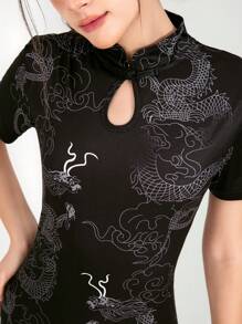 SHEIN Explorewe Y2K Cheongsam Retro Stand Collar Dragon Print Dress For Teenage Girls, Waist Cinched Slim-Fit Side Slit Skirt - Black - View 7