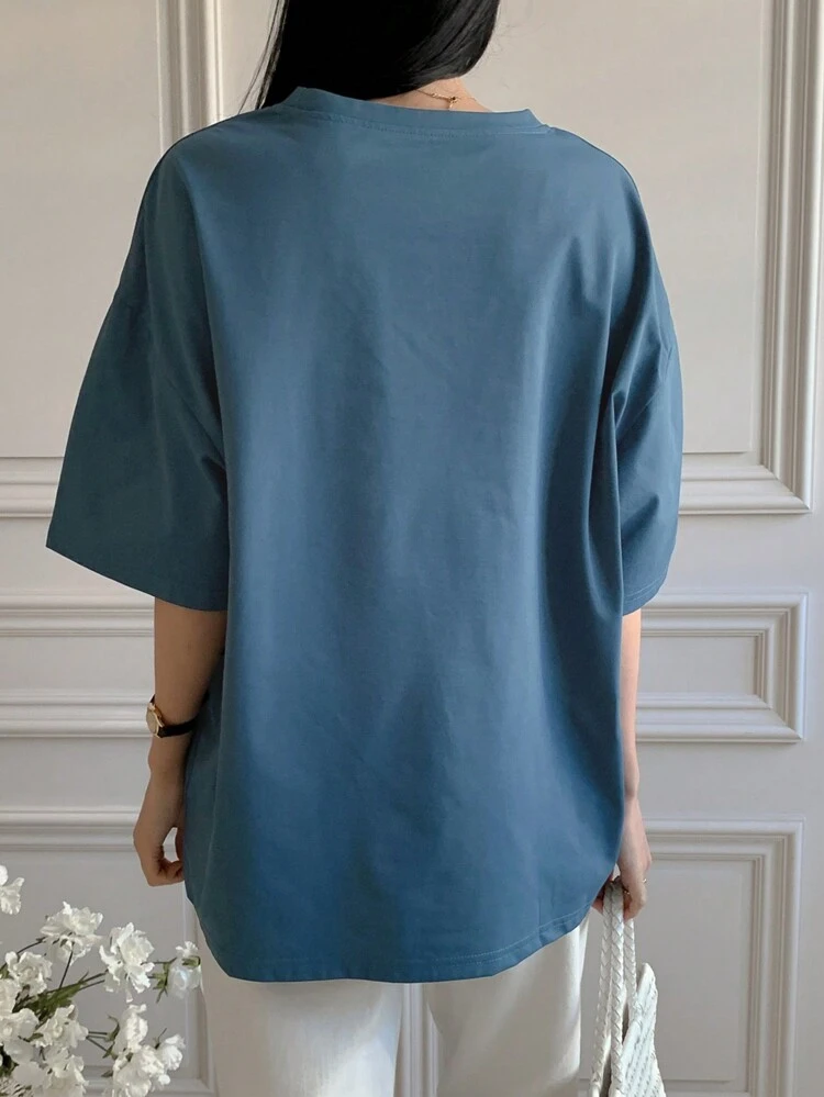 Women Casual Loose Letter Print Short Sleeve T-Shirt Preppy Tops