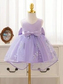 Glamorique Kids 女婴圣诞派对礼服，蓝色亮片网眼薄纱斗篷礼服，带大蝴蝶结和缎面泡泡裙，适合 1 岁生日婚礼派对 - 淡紫色 - 查看 2