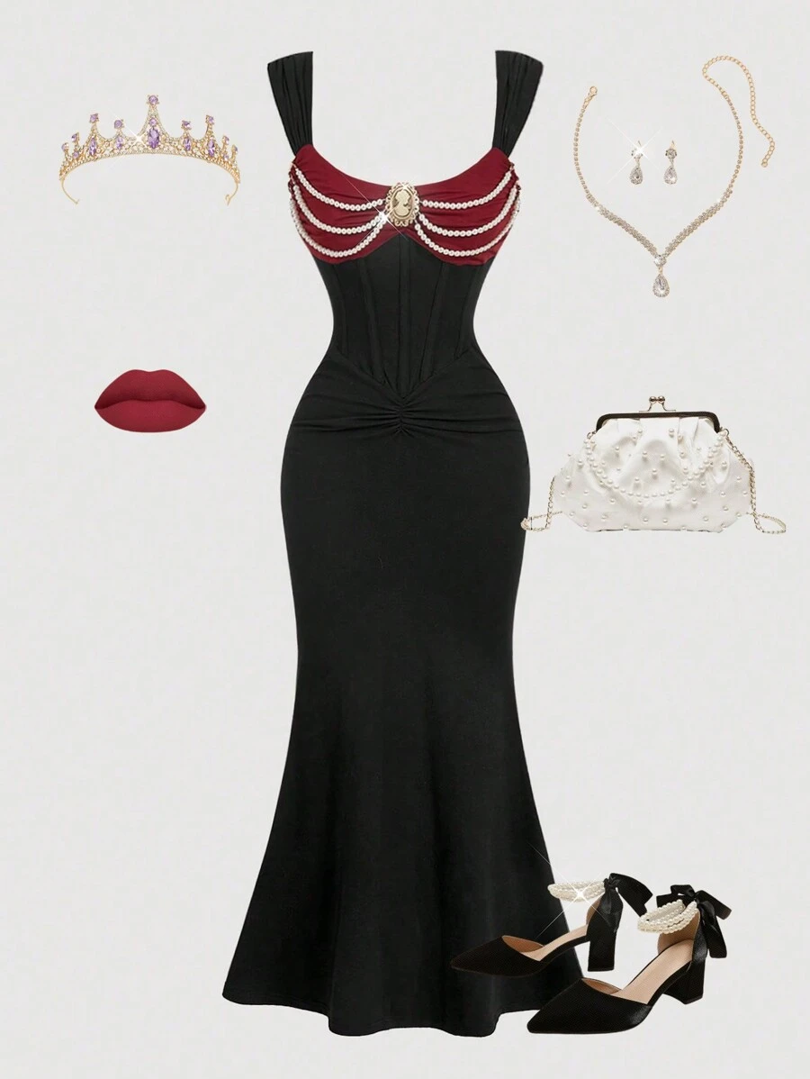 SHEIN Girlism TEENGIRL Vintage Pearl Chain Black Fish Tail Dress, Autumn Winter Long Dress,Mermaid Long Dress,Black Homecoming Dress,Elegant Dresses,Christmas Dress - Black - View 1