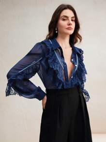 Anewsta 法式蕾丝荷叶边刺绣串珠雪纺衬衫上衣，女士新年、圣诞节 - 藏蓝色 - 查看 8