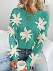 SHEIN Unity 手工编织花卉图案套头毛衣，简约时尚，休闲日常针织套头衫，秋冬款 - 薄荷綠 - 查看 5