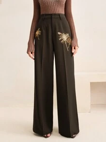 Anewsta Straight Leg Gold Palm Tree Beaded High Waisted Suit Pants, New Year's Women - Coffee Brown - View 6
