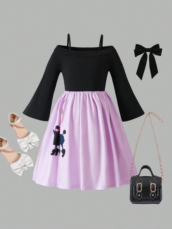 Young Girl Open Shoulder Black Flare Sleeve Purple Dress With Cartoon Animal Pearl Print, Fashionable And Cute Design Suitable For School, Valentine's Day, Banquet, Spring/Autumn Wear