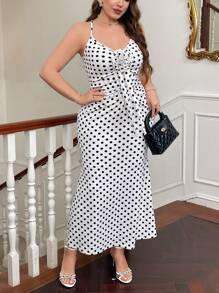 SHEIN Privé Plus Size Elegant Niche Design Polka Dot Print 3D Floral Decor Sexy Deep V Spaghetti Strap Backless Mermaid Dress, Spring & Summer - Black and White - View 5