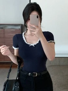 DAZY Women's Lace Patchwork Bowknot Short Sleeve T-Shirt,Crop Tops Women - Navy Blue - View 4