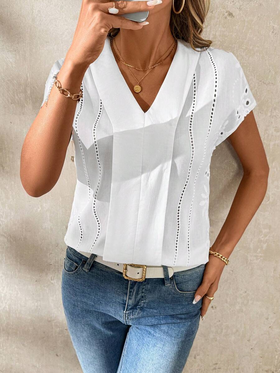 SHEIN Clasi Elegant Women's White Three-Dimensional Embroidered V-Neck Shoulder Repair Blouse, Suitable For Various Occasions, Spring And Summer Blouse - White - View 1
