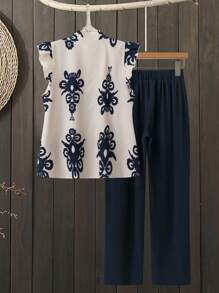 Linhara Setelan 2 Potong Atasan Lengan Pendek Motif Retro dan Celana Panjang untuk Wanita Ukuran Besar, Cocok untuk Musim Panas. - Navy Blue - View 2