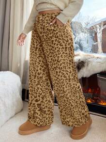 SHEIN EZwear 大码女式灯芯绒豹纹休闲阔腿裤 - 卡其色 - 查看 5
