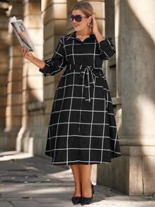 SHEIN Clasi Plus Size Black & White Plaid Button Down Shirt Dress With Self-Tie Waist Belt, A-Line Pockets, Elegant Simple Versatile Casual Midi Dress - Black and White - View 5