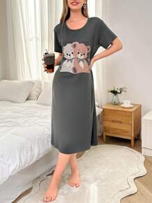 Dream Adore Women's Casual Round Neck Short Sleeve 2 Bear Print T-Shirt Nightgown