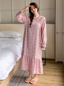 DAZY Women's Loose Ditsy Floral Raglan Sleeve Ruffle Trim Spring Nightgown Pajama - Pink - View 1