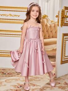 SHEIN Young Girl Woven Solid Color Bowknot Strap Dress, Formal Clothing