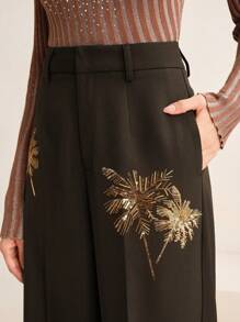 Anewsta Straight Leg Gold Palm Tree Beaded High Waisted Suit Pants, New Year's Women - Coffee Brown - View 1