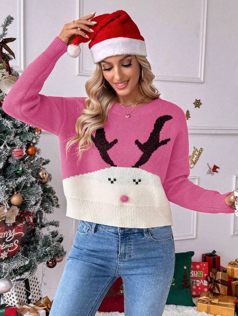 Chiquease Christmas Pattern Round Neck Drop Shoulder Long Sleeve Knit Sweater Knit Pullover Fall Winter Sweater - Multicolor - View 1