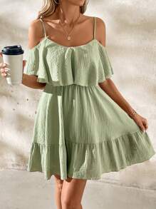 SHEIN Clasi Women's Elegant Romantic Solid Green Crinkle Fabric Ruffle Flounce Trim Slip Dress, For Spring & Summer Holiday,Sage Green Dress - Green - View 3