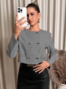 SHEIN Clasi Chaqueta ligera corta de mujer, manga larga, con estampado de pata de gallo en blanco y negro con botón metálico, para otoño/invierno