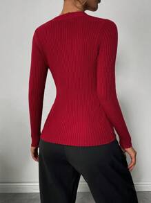 Chiquease Women's Regular V-Neck Casual Twist Rib Burgundy Split Ribbed Fitted Autumn/Winter Knit Sweater Knit Pullover Fall - Red - View 2
