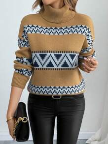 SHEIN LUNE Women High Neck Fashionable Jacquard Versatile Pullover Knit Sweater, Autumn/Winter Knit Pullover Fall Outfit