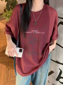 DAZY Women Letter & Rabbit Graphic Loose Short Sleeve T-Shirt Oversized T-Shirt - Burgundy - View 3