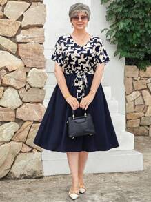 EMERY ROSE Plus Size Casual Commuter Floral Print Patchwork Batwing Sleeve Dress, Wiosenne Stroje Dla Kobiet, Tropikalne Wakacje Kobieta Na Lato