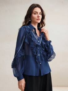 Anewsta 法式蕾丝荷叶边刺绣串珠雪纺衬衫上衣，女士新年、圣诞节 - 藏蓝色 - 查看 4