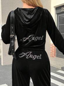 Muchica Plus Size Black Cardigan Hoodie + Pants Velvet Rhinestone 2 Pieces Set - Black - View 4