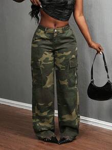 SHEIN Slayr Women's Cargo Pocket Casual Low Waist Camouflage Straight Leg Jeans