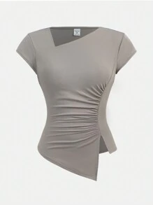 SHEIN Girlism 少女纯色长袖高领上衣，优雅休闲，适合日常穿着、外出、情人节春夏 - 灰色 - 查看 1