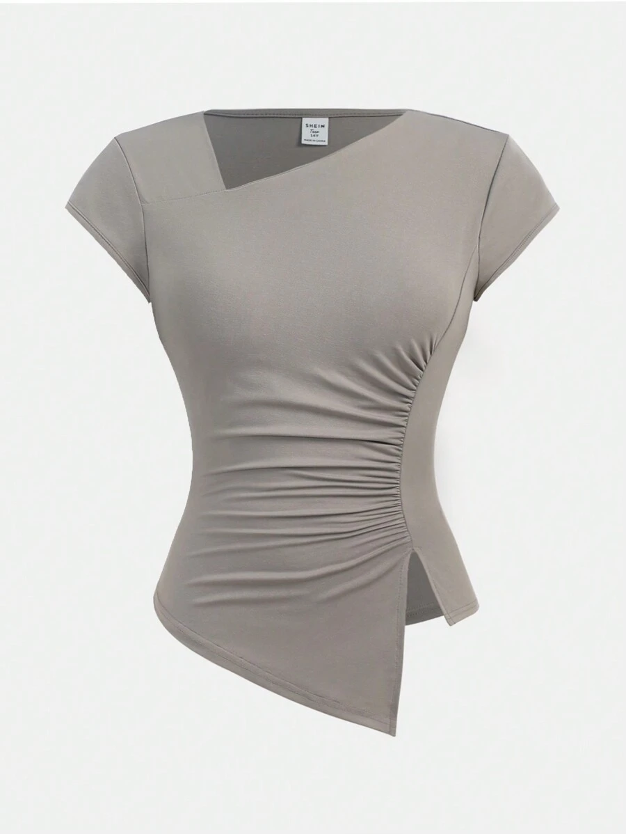 SHEIN Girlism 少女纯色长袖高领上衣，优雅休闲，适合日常穿着、外出、情人节春夏 - 灰色 - 查看 1