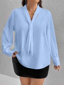 SHEIN Unity Plus Size Casual/Office Solid Color Necktie Shirt, Autumn - Baby Blue - View 6