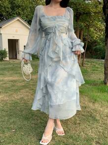DAZY New Spring Plant Print Waist Gathered Sundress,Muse Dress Design Long Dress For Women Holiday,Ruffle Fall,Winter Floral Maxi Dress - Blue - View 8