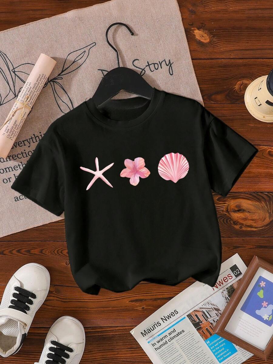 SHEIN Baby Girl Casual Starfish & Shell Printed Short Sleeve Top - Black - View 1