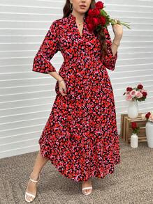 SHEIN LUNE Plus Size Bohemian Leaf Print Layered Babydoll Dress, Casual Vacation Long Dress For Summer Long Dress/Valentine's Day - Black - View 7