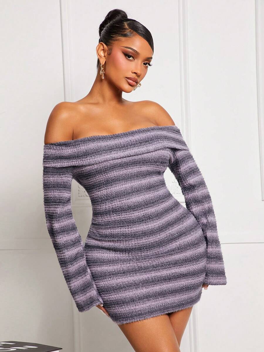 SHEIN SXY 1 chiếc váy ngắn hở vai kẻ sọc dài tay tối giản bó sát, mặc thường ngày, váy hở vai - Hồng - Xem 1