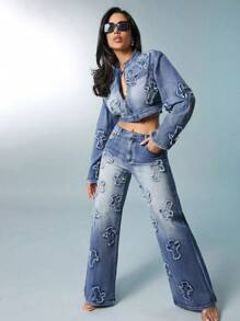 Denimoi Fashion Cross Patch Washed Wide Leg Jeans - Medium Wash - View 2