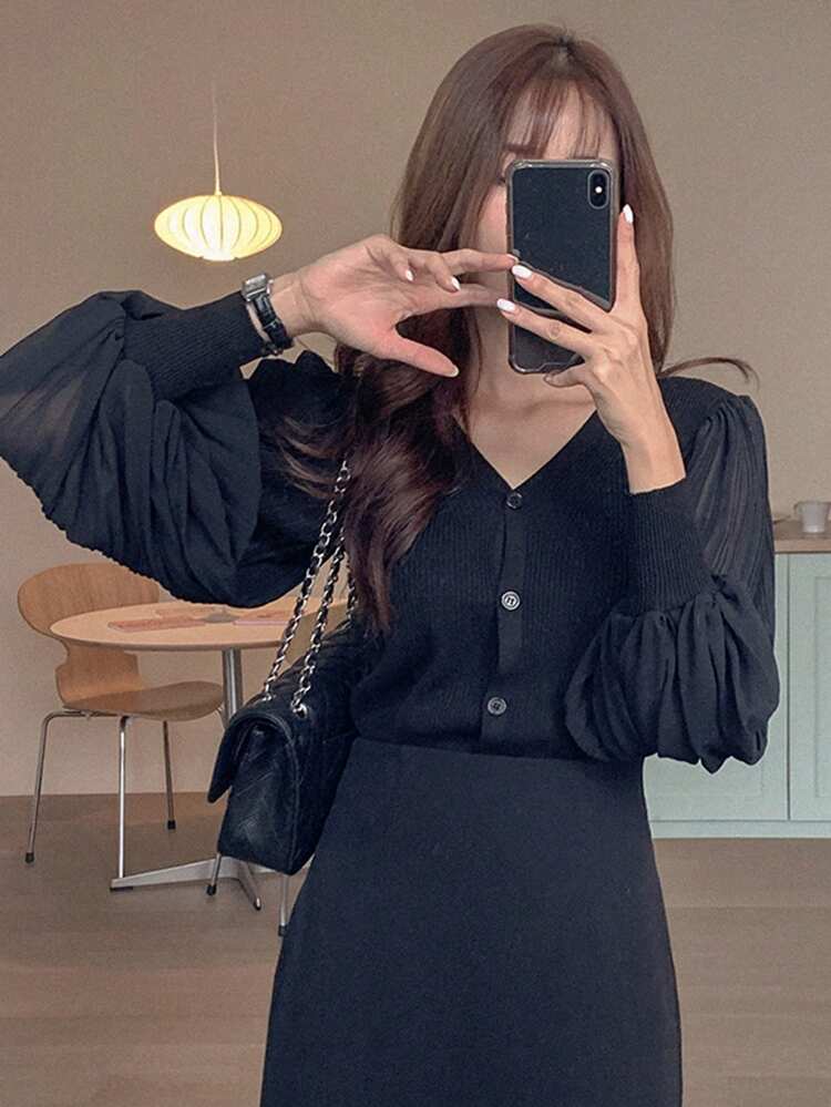 Women's Contrast Color Patchwork Lantern Sleeve V-Neck Long Sleeve Thin Cardigan,Fall Clothes