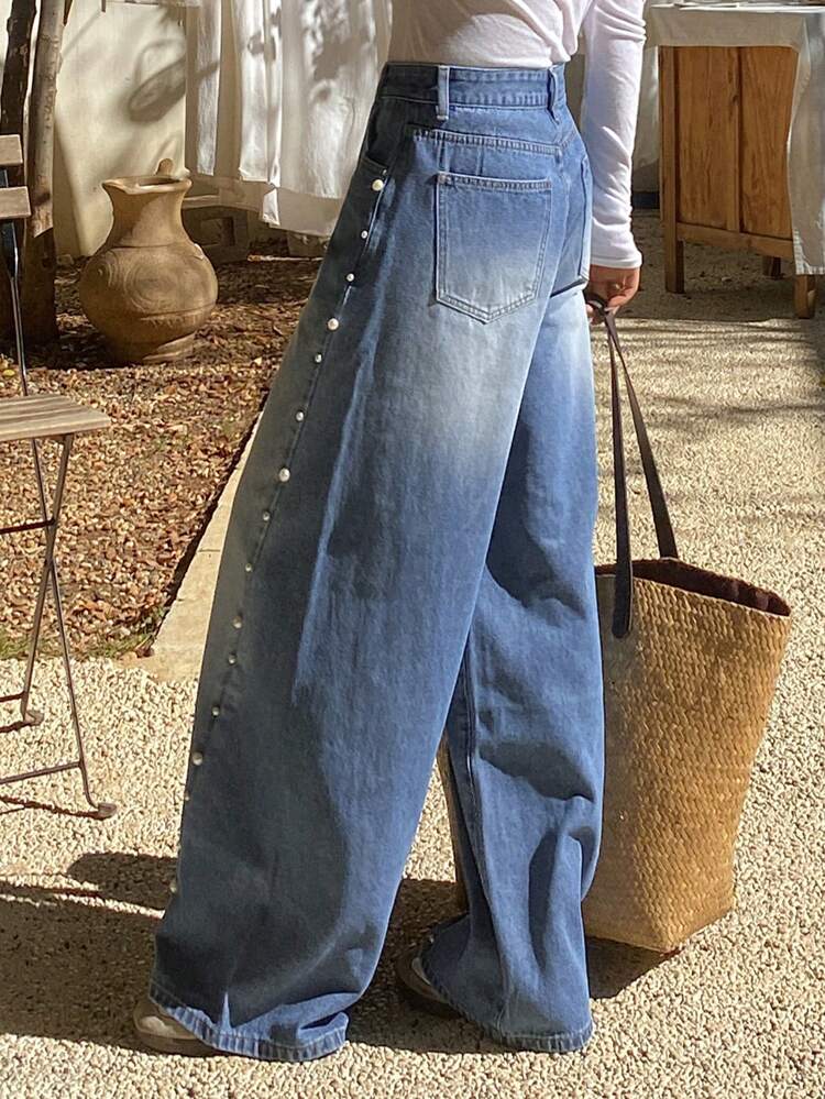 Valentine's Day Pearl Decor Loose Wide-Leg Ladies' Denim Jeans, Vacation