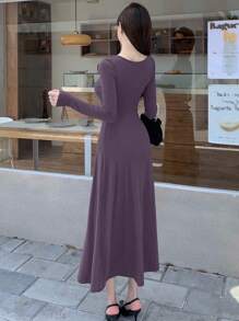 DAZY 1 件女士休闲纯色收腰长袖连衣裙，秋季 - 紫色 - 查看 5