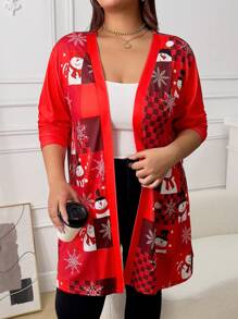 INAWLY 女士大码休闲雪人与雪花印花长款宽松夹克，秋季和春季新年服装