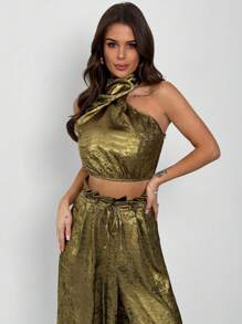 SHEIN Privé Set de 2 piezas con top sin mangas de cuello alto con lentejuelas doradas y pantalones de pierna ancha, atuendo lujoso para ir al trabajo o de vacaciones, ideal para el Día de San Valentín - Dorado - Ver 5